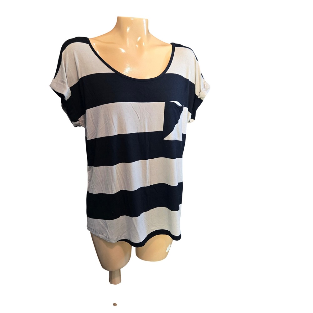 Cable & Gauge Womens Top Black and Tan Medium Striped Button Accent Colorblock